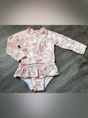 Gerber Pink Floral Long-Sleeve One-Piece Swimsuit with Ruffle Skirt
